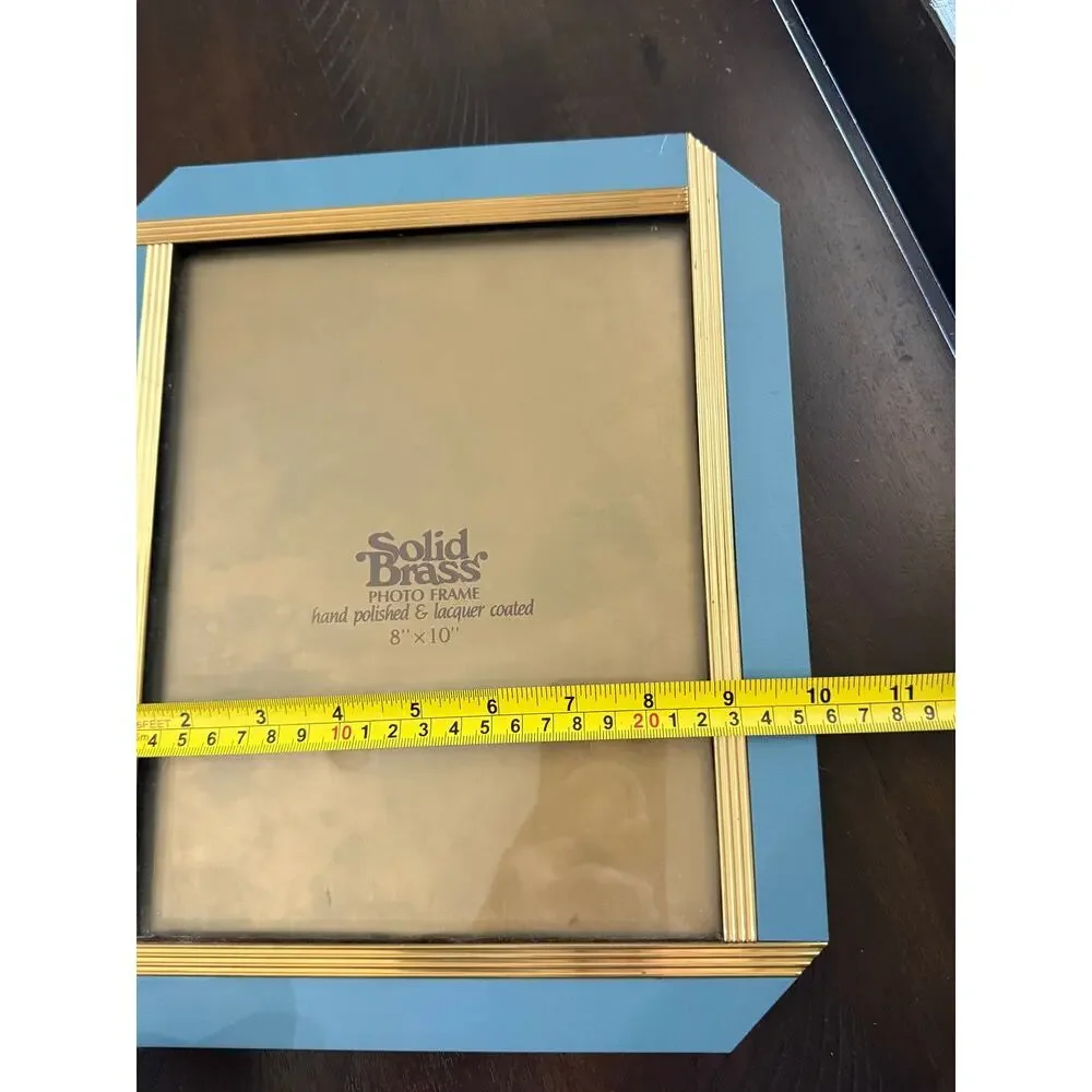 Vintage 1980s Solid Brass 8x10 Photo Frame Teal Blue Art Deco